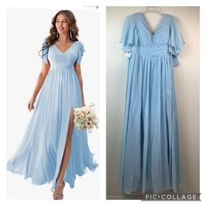 NWT LaVetir blue chiffon bridesmaid dress short flutter sleeve structured bodice